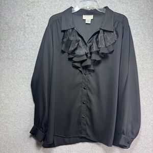 VTG Jordan Woman Blouse Ruffle Black Sheer Plus Size 20W Button Up Long Sleeve